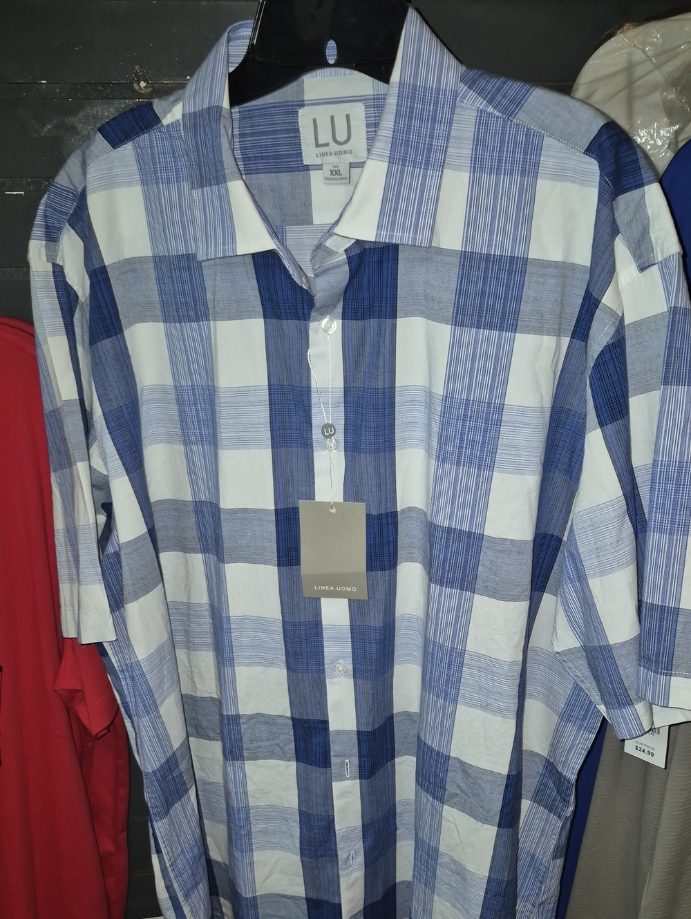 LU Linen-Blend Blue & White Plaid Button-Down Shirt